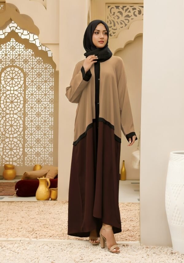 Front Open Abaya in Beige & Brown