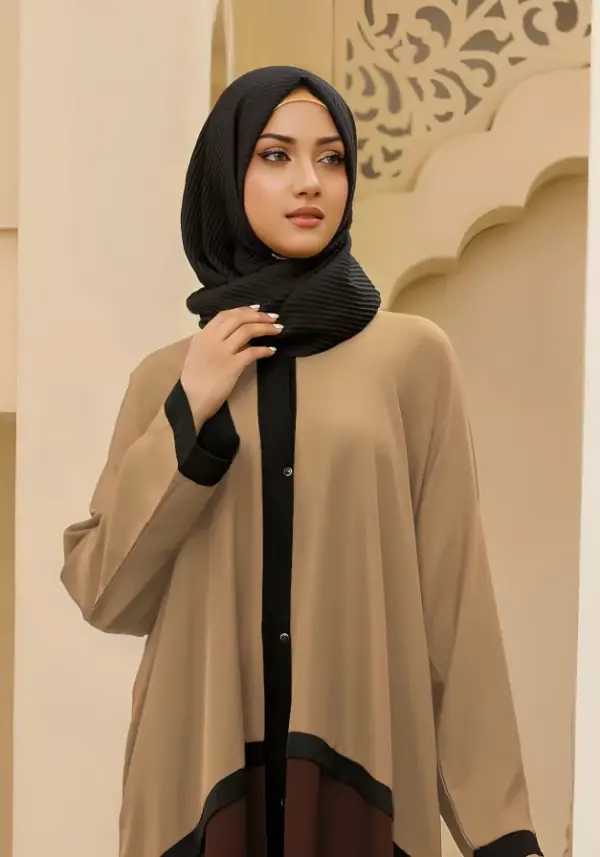 Front Open Abaya in Beige & Brown