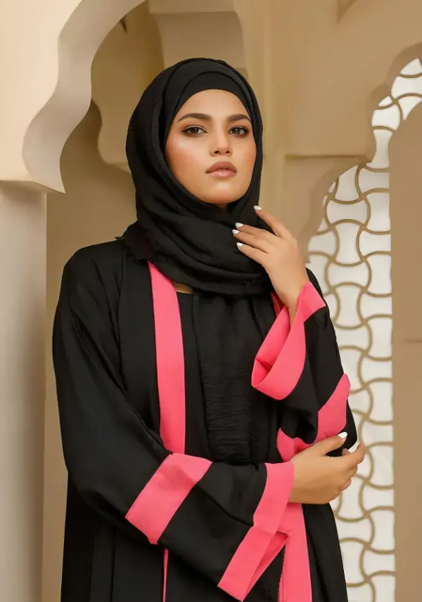 Pink & Black Double Layered Abaya - front Closer view