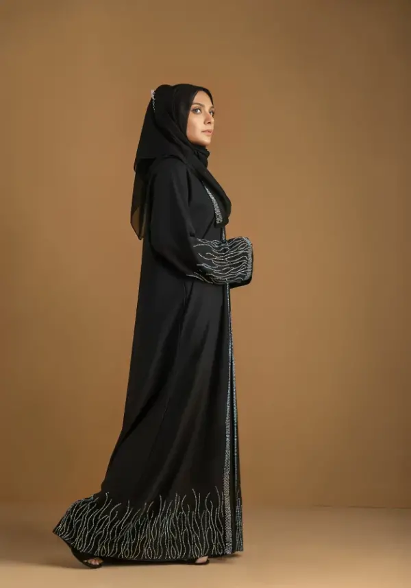 Black Embroidered Front Open Abaya - Cross
