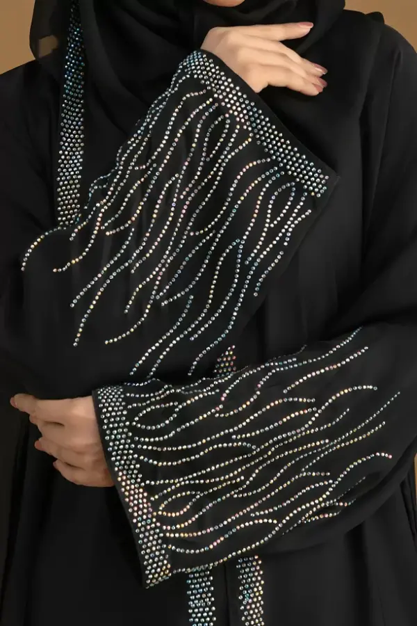 Black Embroidered Front Open Abaya - Sleeves