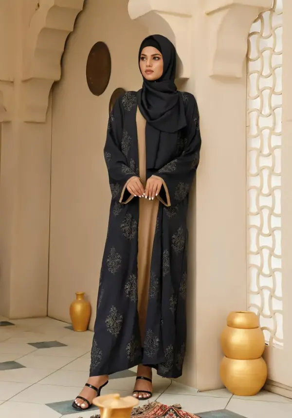 Printed Abaya in Blue & Brown