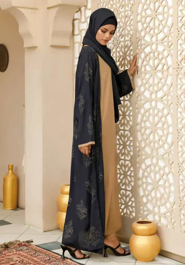 Printed Abaya in Blue & Brown - Cross