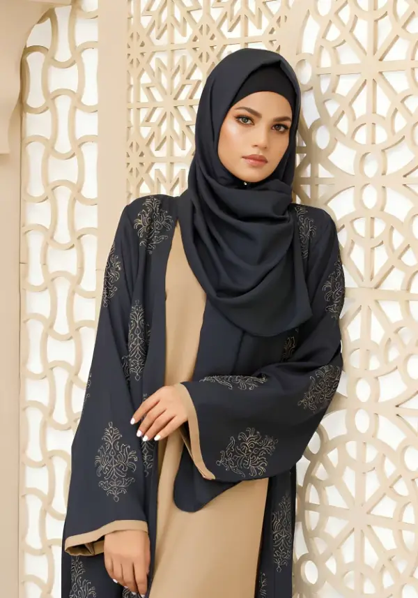 Printed Abaya in Blue & Brown